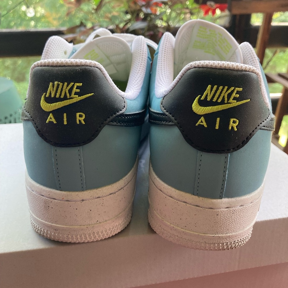 Nike White and Teal Air Force 1 Sneakers with Black Accents - Picture 4 of 8